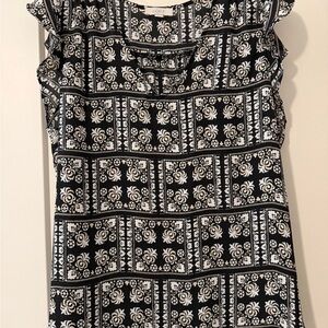 LOFT Black and White Floral Block Print Flutter Sleeve Top